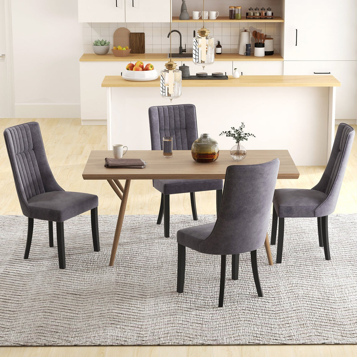 Channel Tufted Dining Chairs Set of 2 Upholstered Kitchen Side Chairs with High Backrest-Gray
