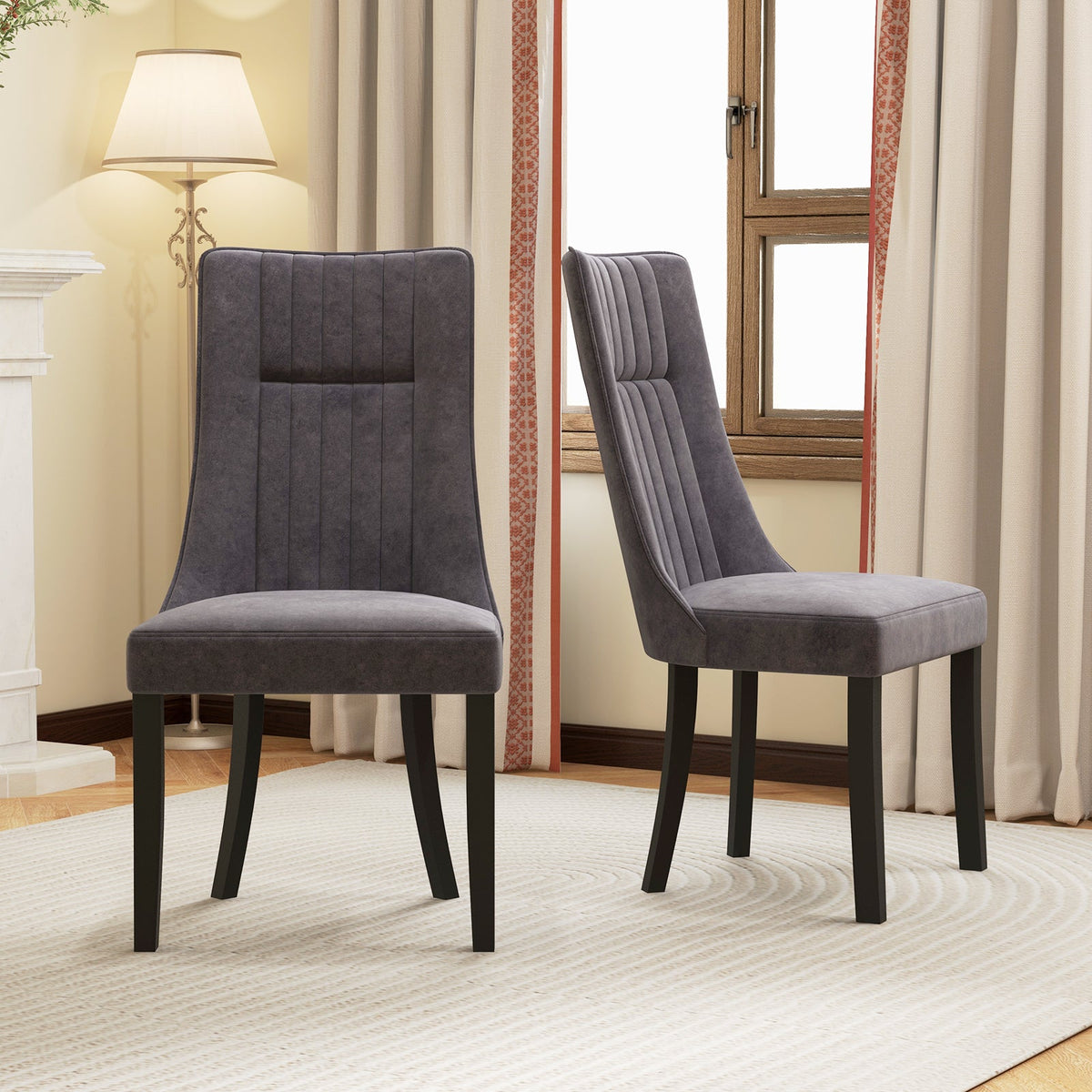Channel Tufted Dining Chairs Set of 2 Upholstered Kitchen Side Chairs with High Backrest-Gray