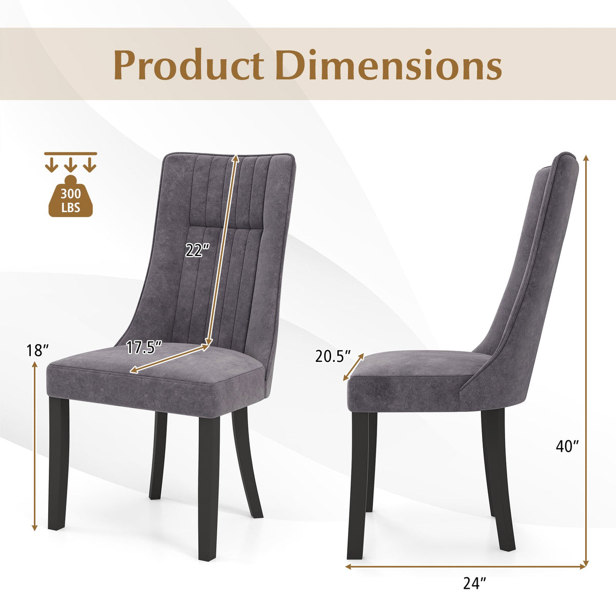 Channel Tufted Dining Chairs Set of 2 Upholstered Kitchen Side Chairs with High Backrest-Gray