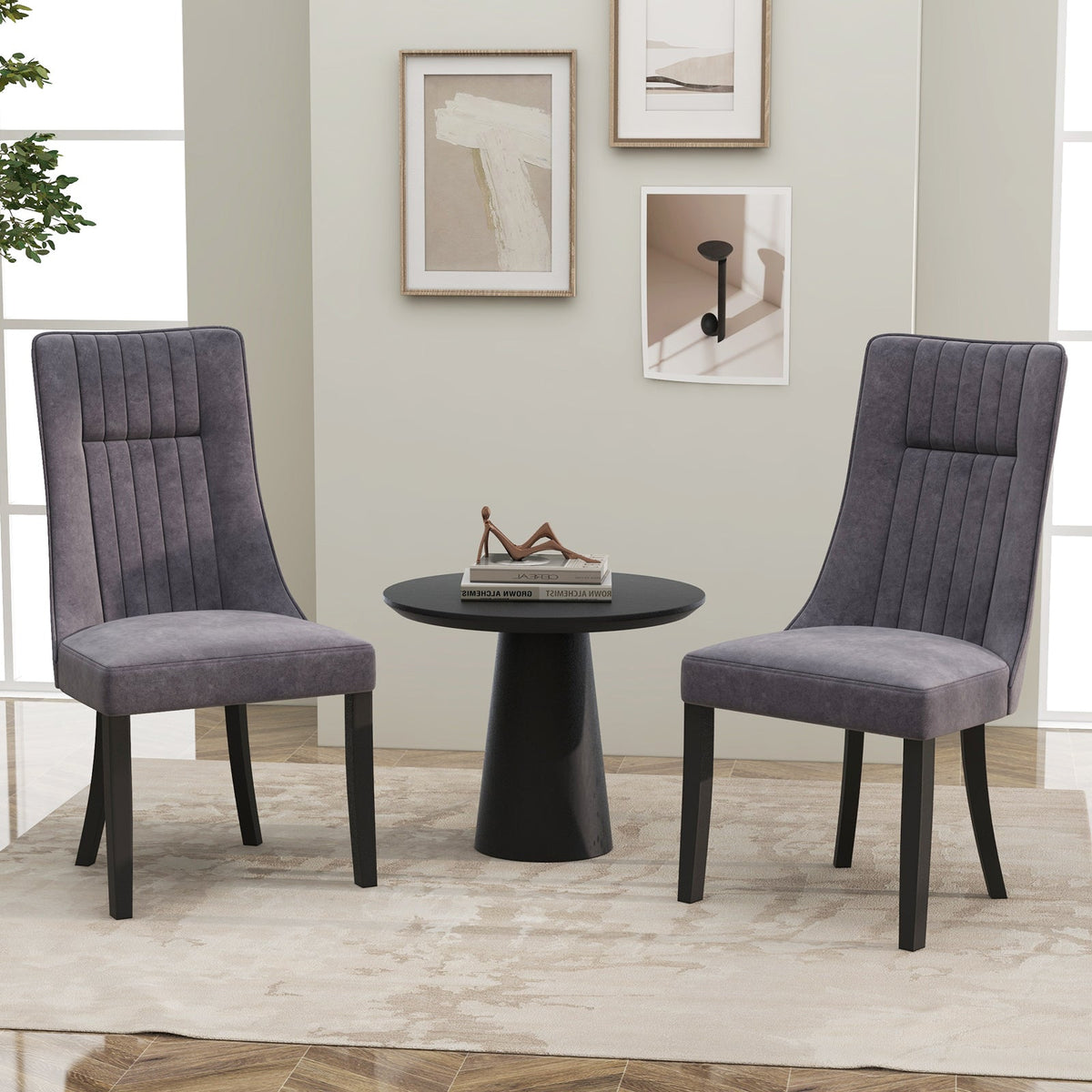 Channel Tufted Dining Chairs Set of 2 Upholstered Kitchen Side Chairs with High Backrest-Gray