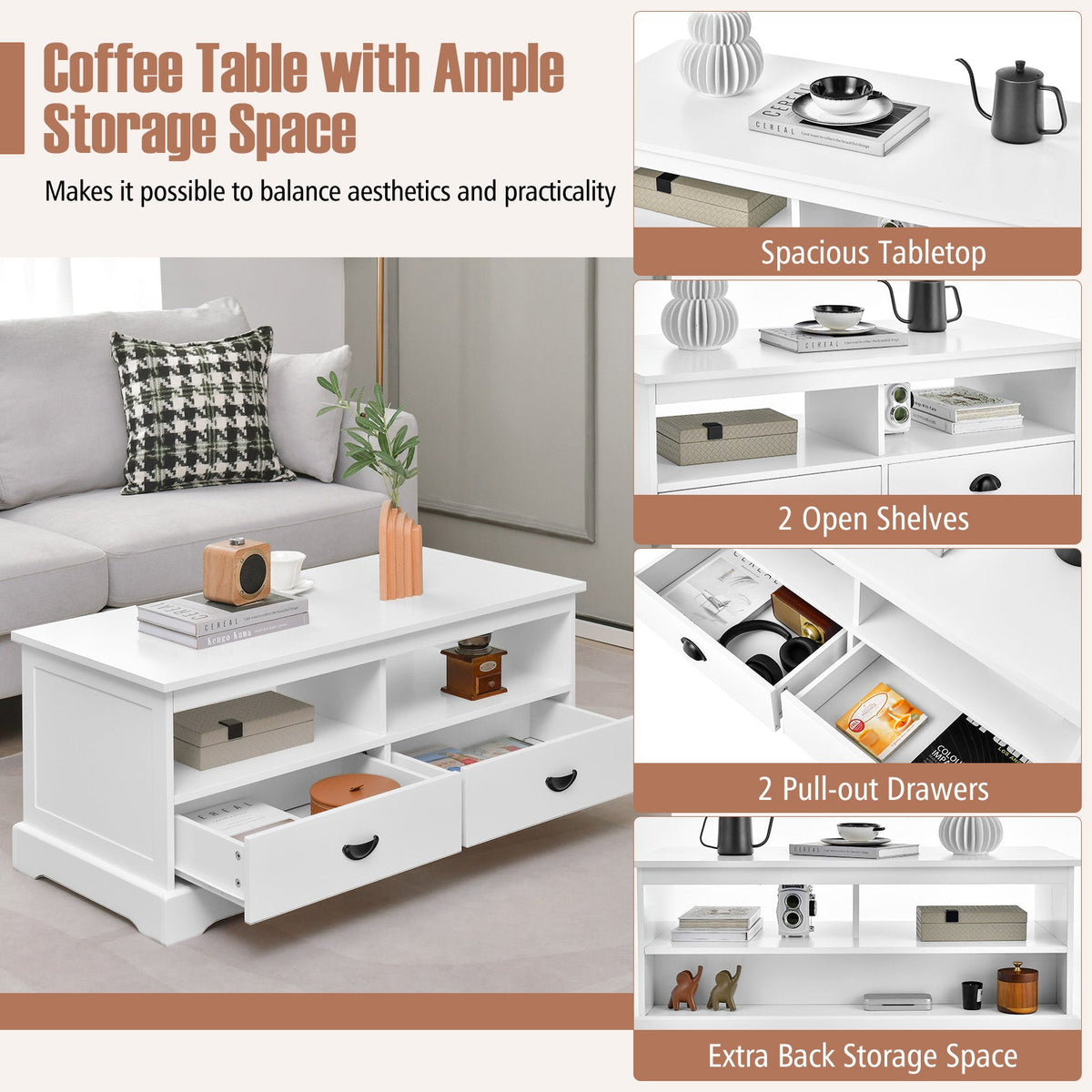 Modern Coffee Table with Drawers and Open Cubies-White