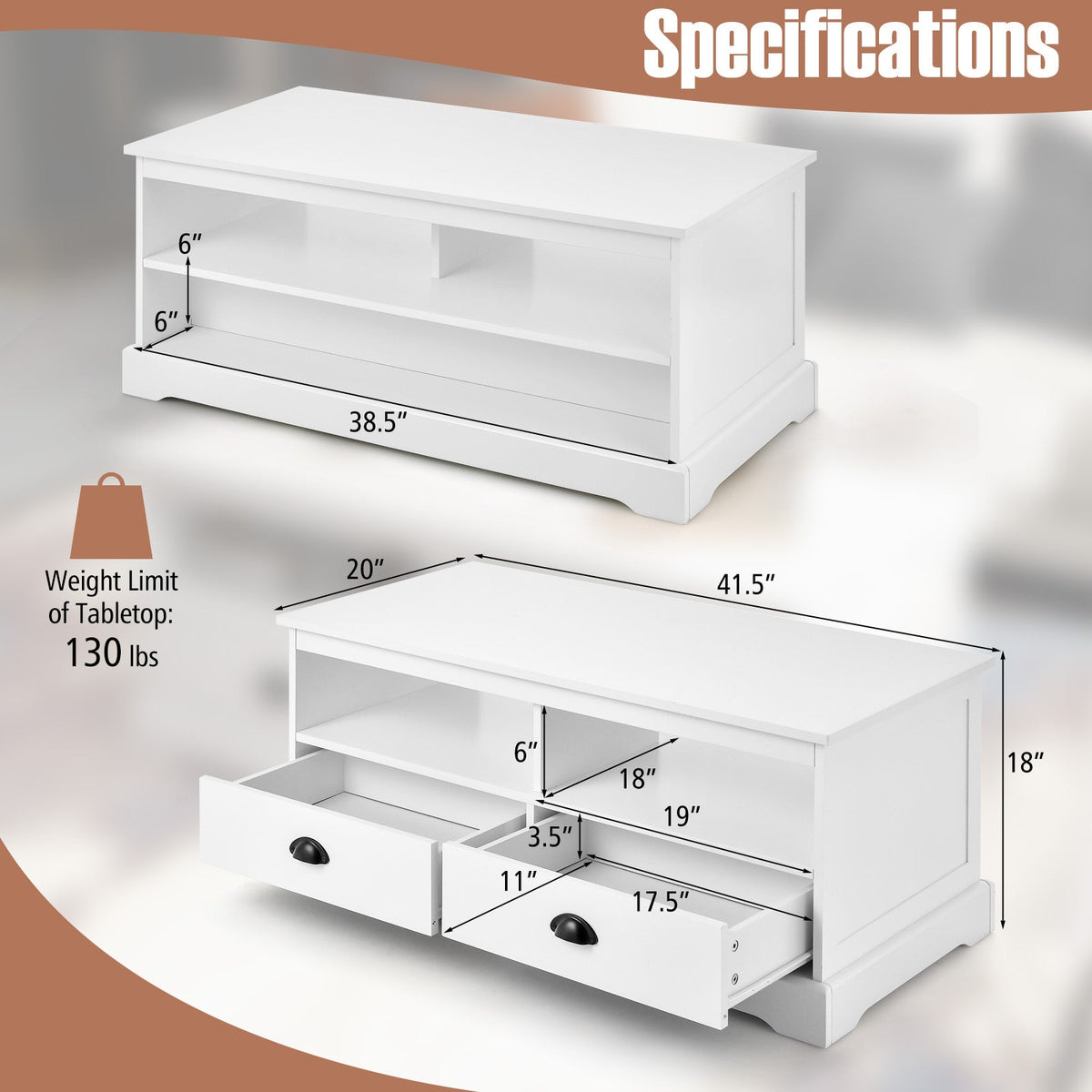 Modern Coffee Table with Drawers and Open Cubies-White