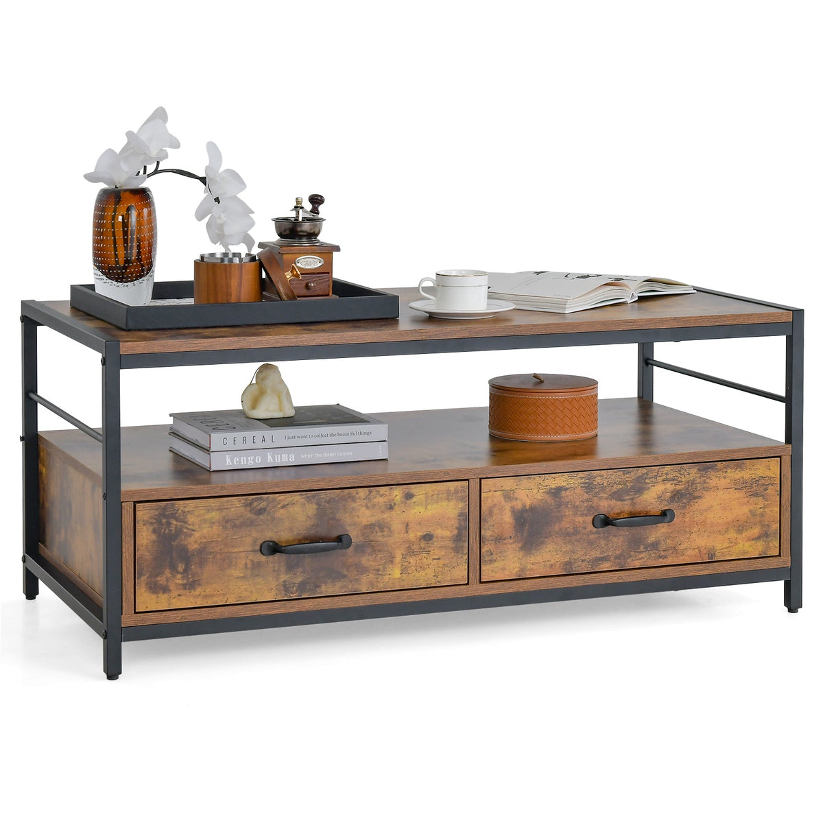 Coffee Table with 2 Drawers and Open Shelf for Living Room-Rustic Brown