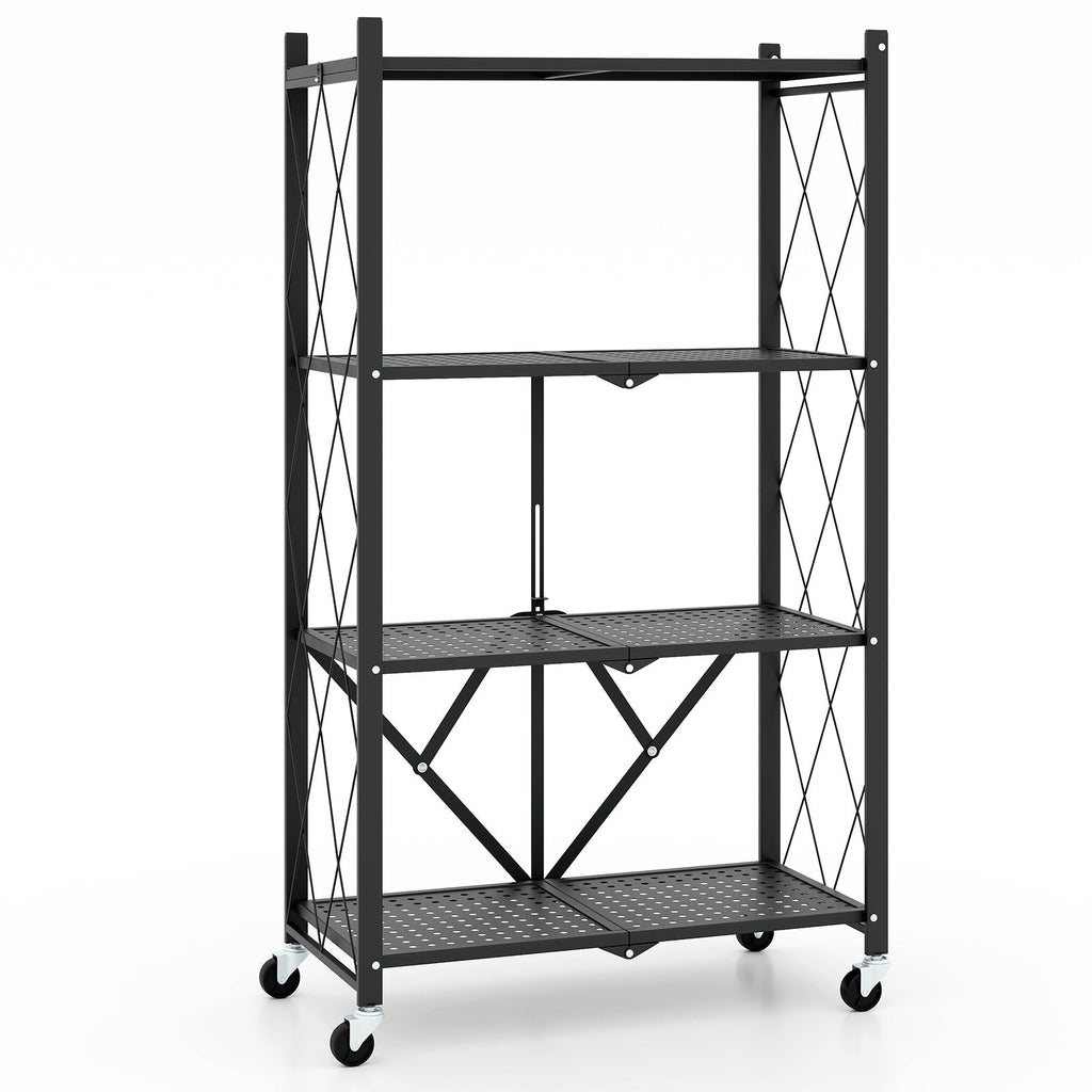 4-Tier Foldable Storage Shelf Collapsible Storage Rack with Lockable Wheels-Black
