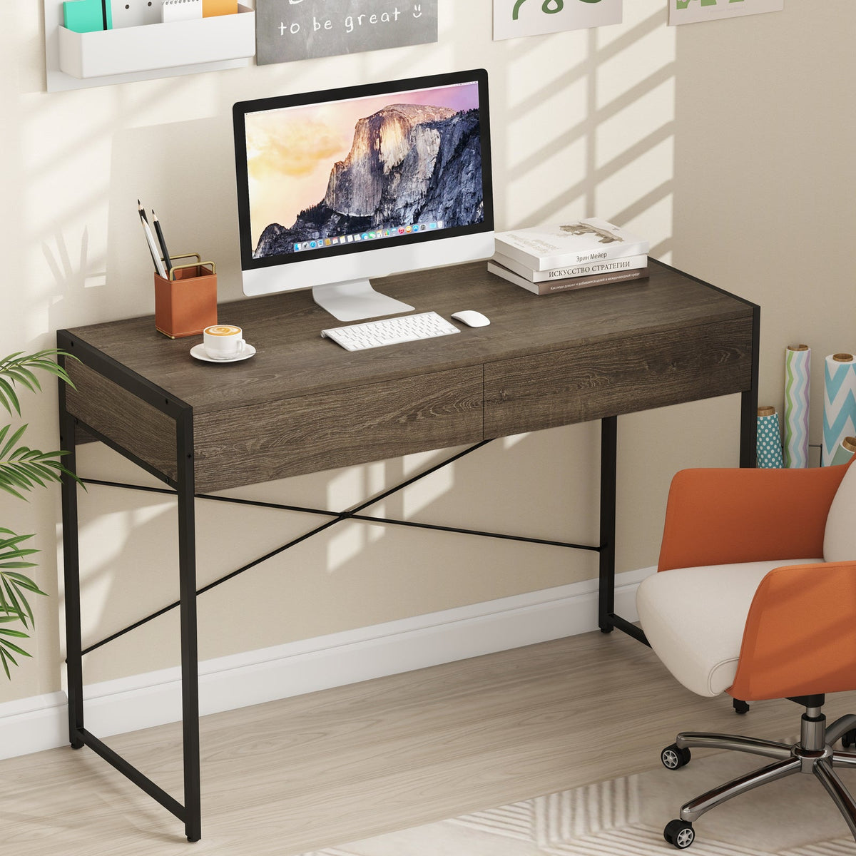 Computer Desk with 2 Drawers 44 Inch Home Office Desk with Metal Frame-Oak