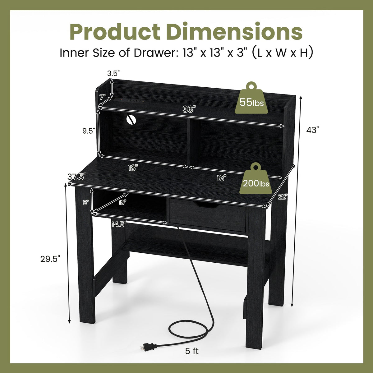 Computer Desk with Power Outlets USB Ports and Type-C-Black