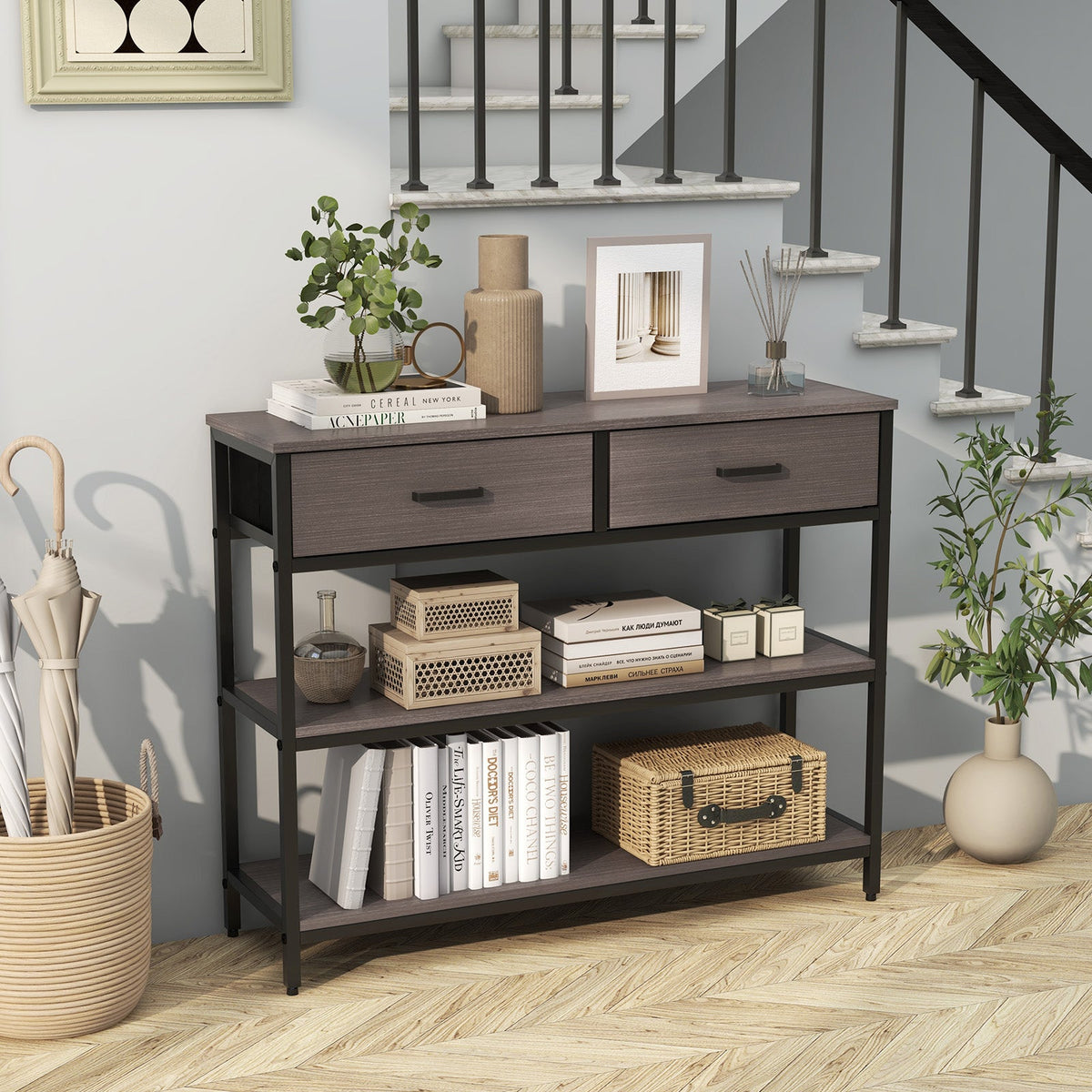 Console Table with Folding Fabric Drawers for Entryway