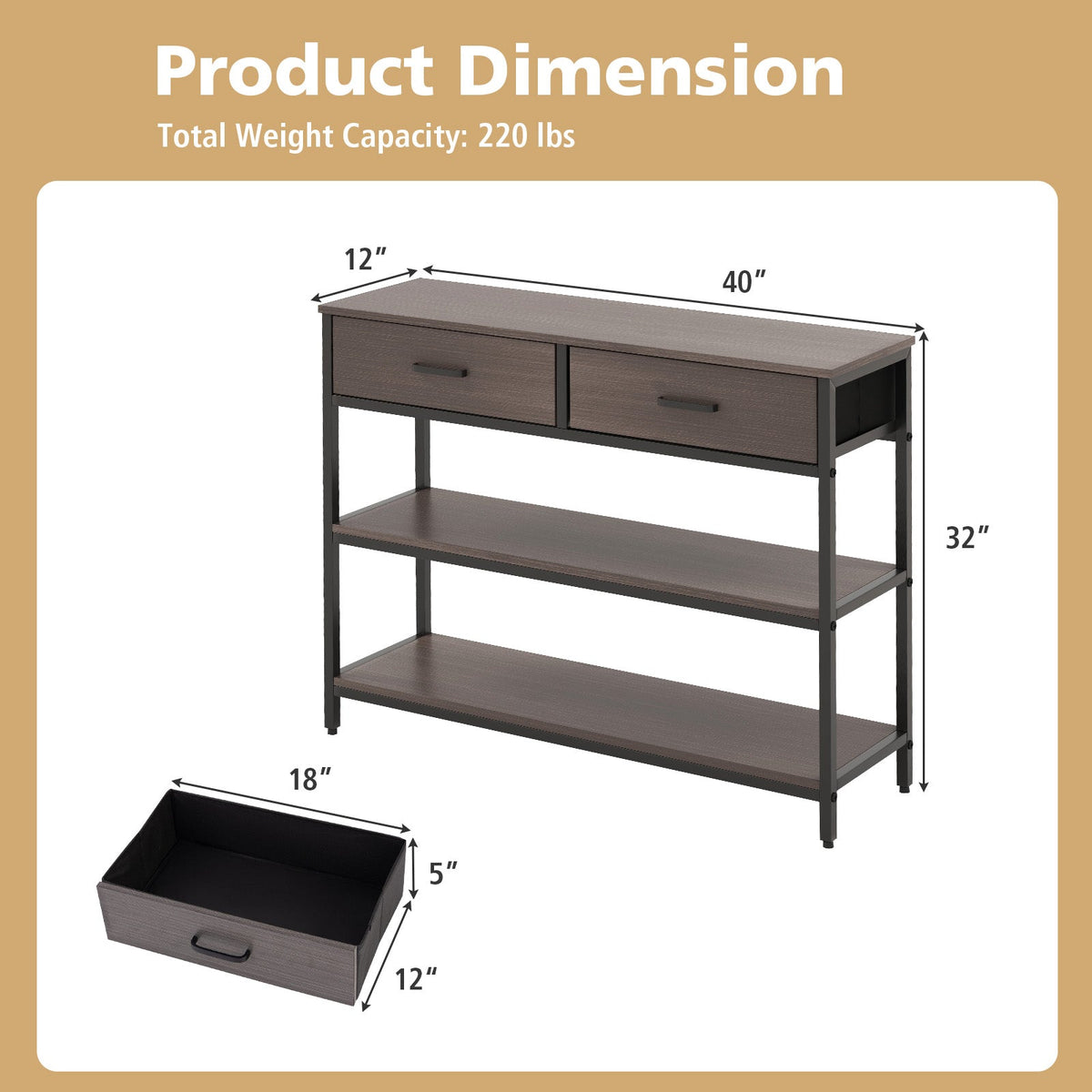 Console Table with Folding Fabric Drawers for Entryway