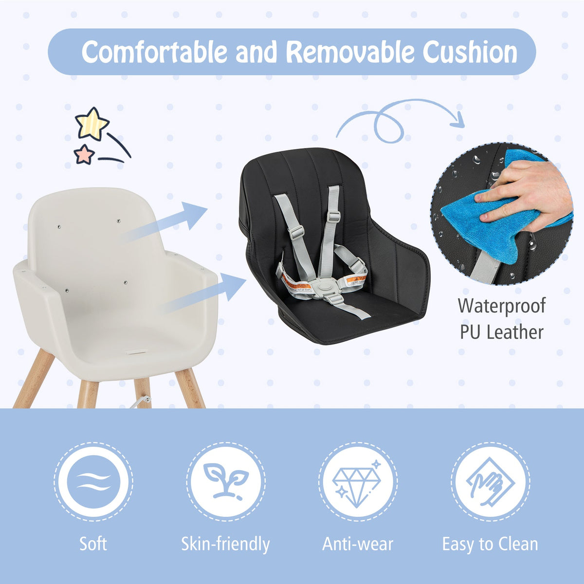 3-in-1 Convertible Wooden High Chair with Cushion