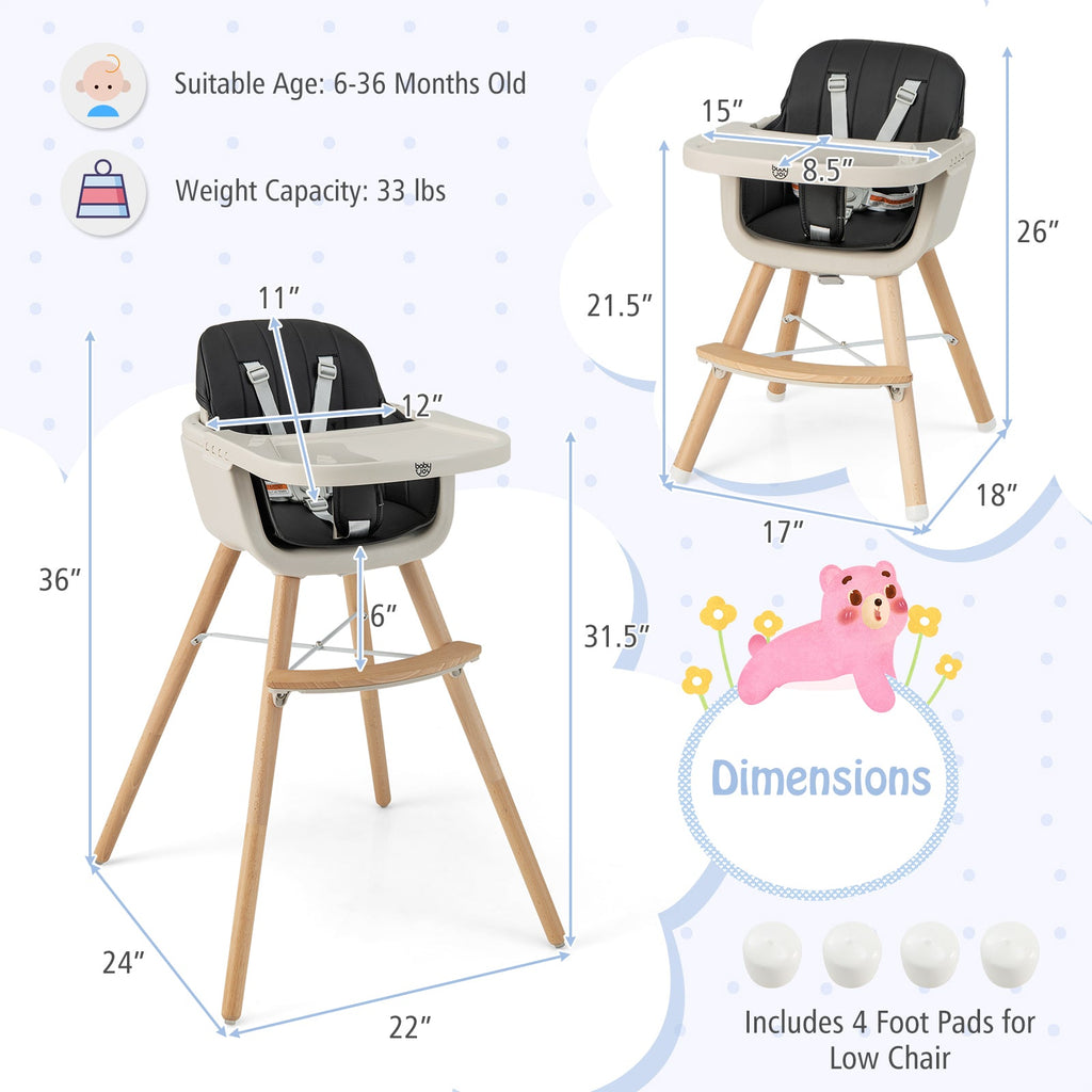 3-in-1 Convertible Wooden High Chair with Cushion
