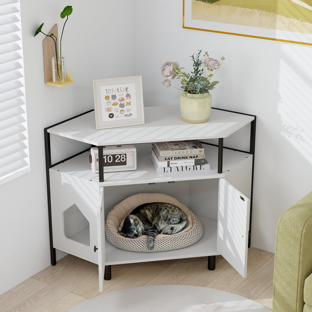 Corner Cat Litter Box Enclosure with Open Shelf 2 Entrances and Metal Legs