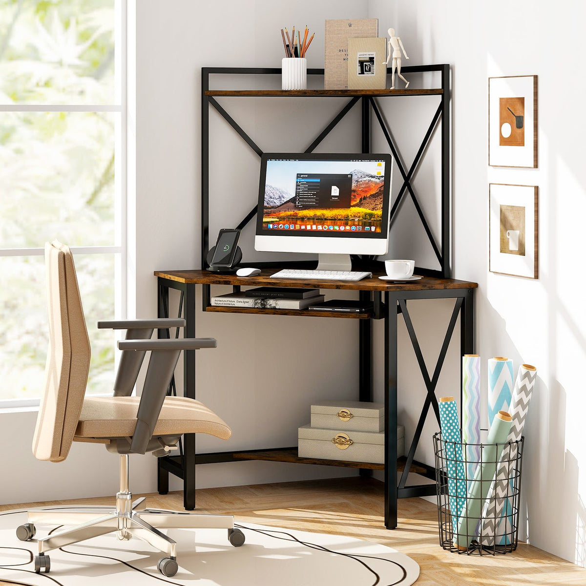 Space-Saving Corner Computer Desk with with Hutch and Keyboard Tray