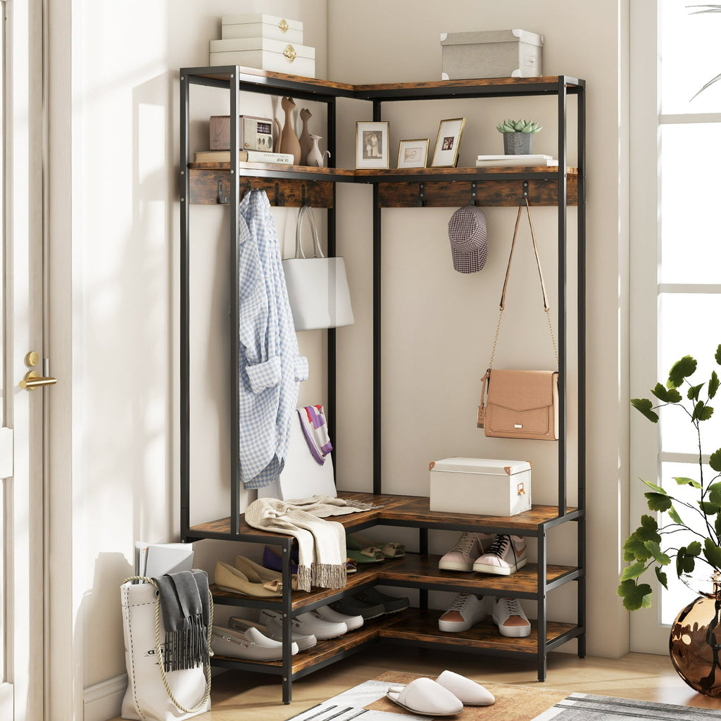 Corner Garment Rack with Open Shelves and 7 Hooks Shoe Bench