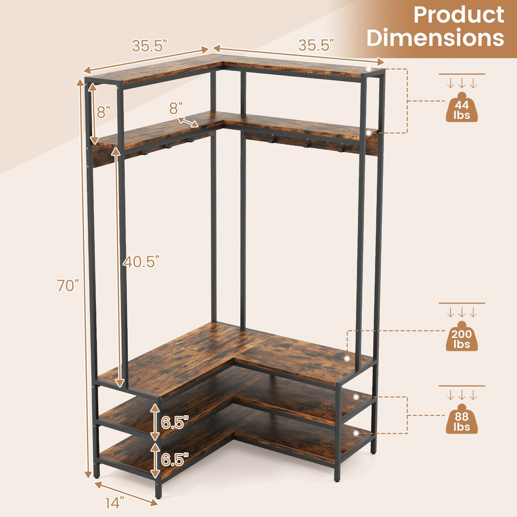 Corner Garment Rack with Open Shelves and 7 Hooks Shoe Bench