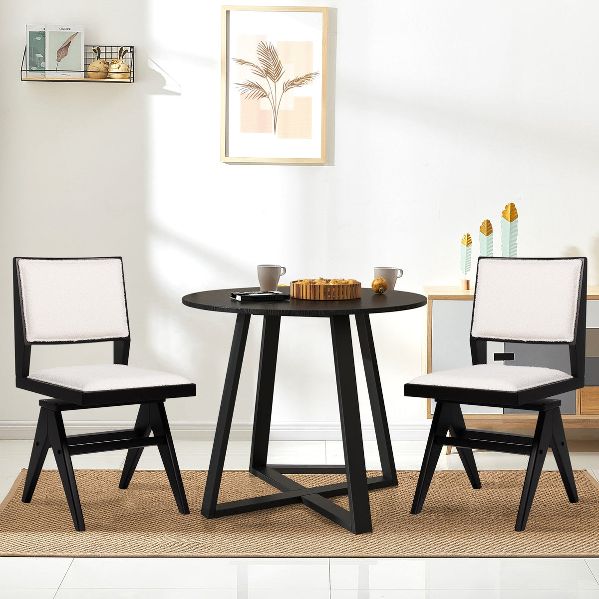 Swivel Wooden Dining Chair Set of 2 with Rubber Wood Frame and Padded Seat-Black