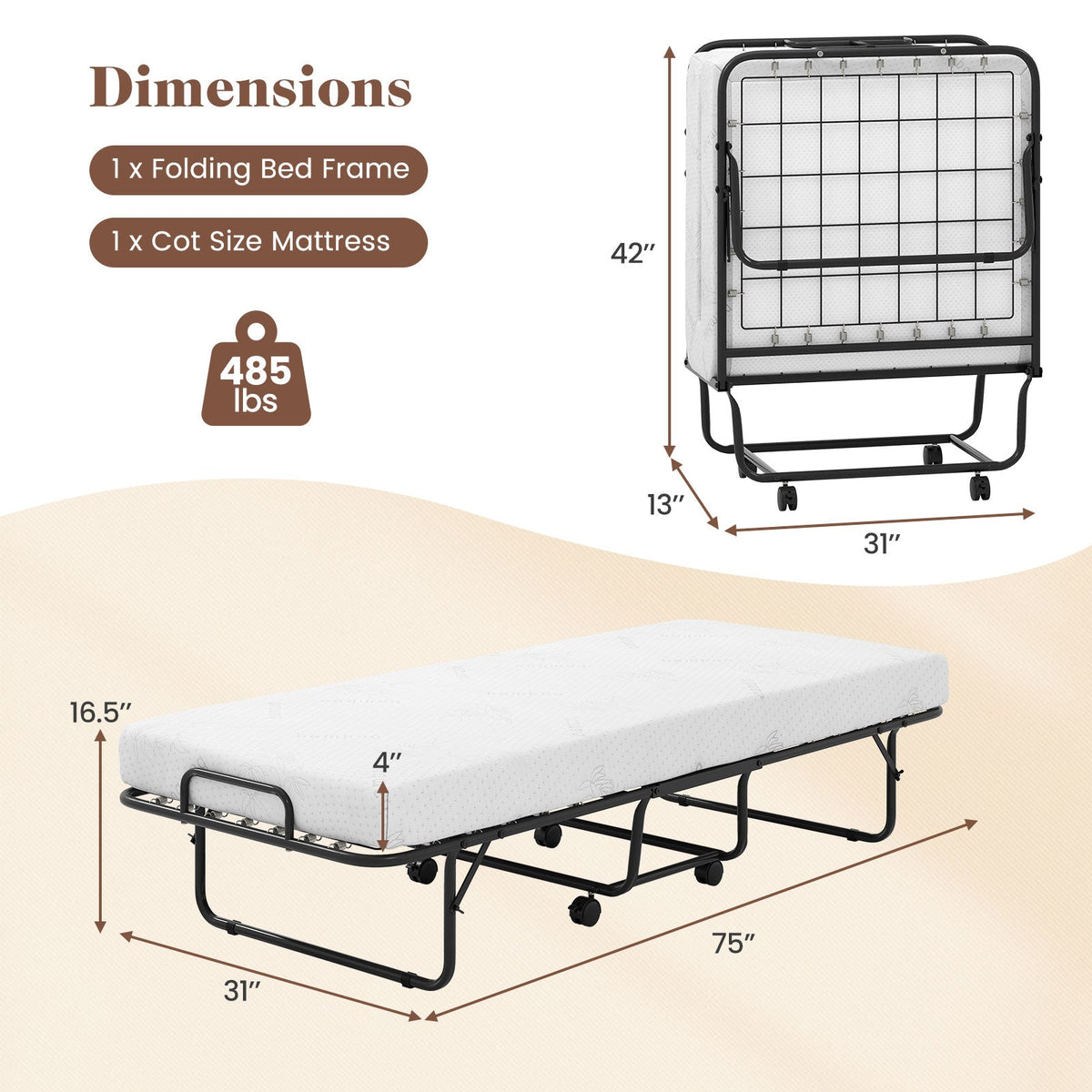 Cot Size Folding Bed Frame with Memory Foam Mattress and Metal Frame