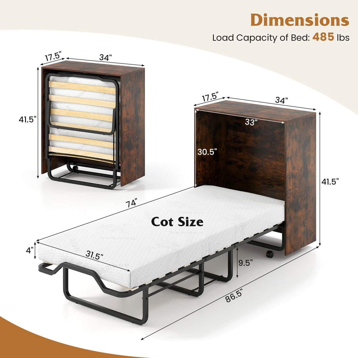 Cot Size Murphy Bed with Foldable Bed and Lockable Wheels