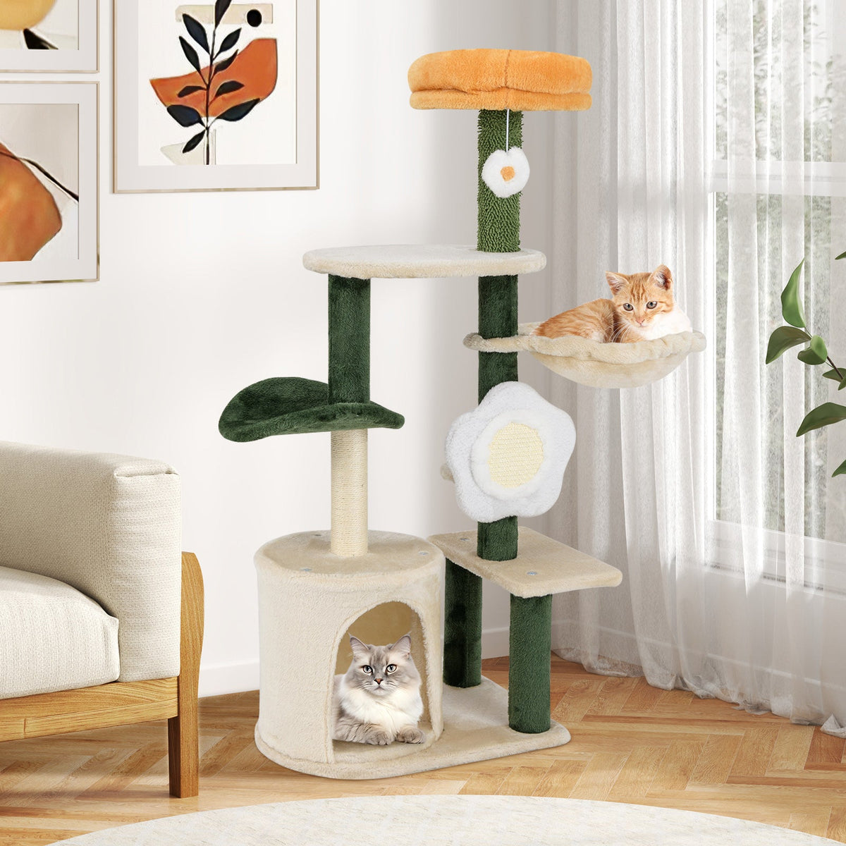 Cute Flower Cat Tree Modern Kitty Tower with Plush Top Perch-Multicolor
