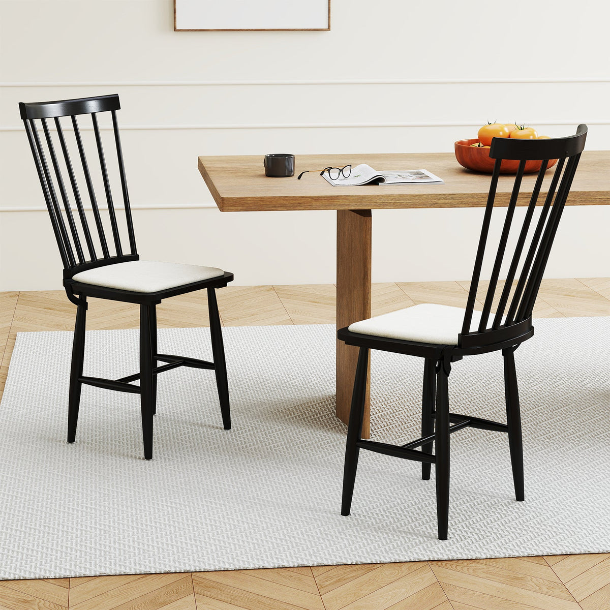 Dining Chairs Set of 2 Farmhouse Solid Rubber Wood Windsor Chairs with Removable Seat Cushions-Black