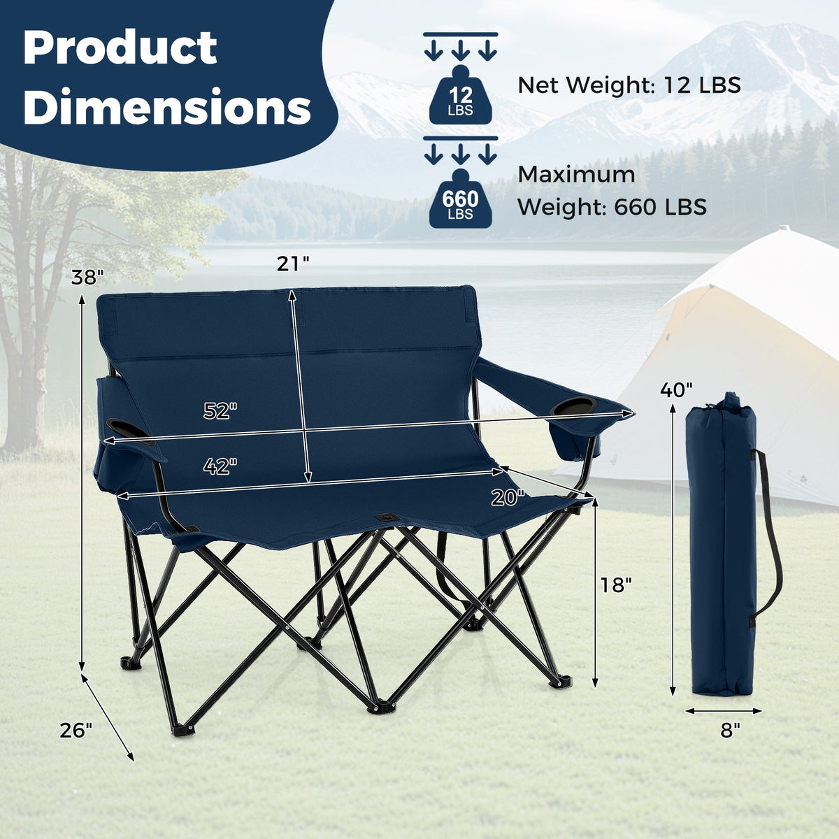 Double Camping Chair 2-Person Outdoor Folding Loveseat with Cup Holders