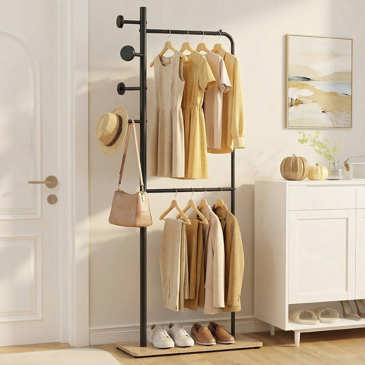 Double Rods Clothes Hanging Rack with Rubber Wood Hooks