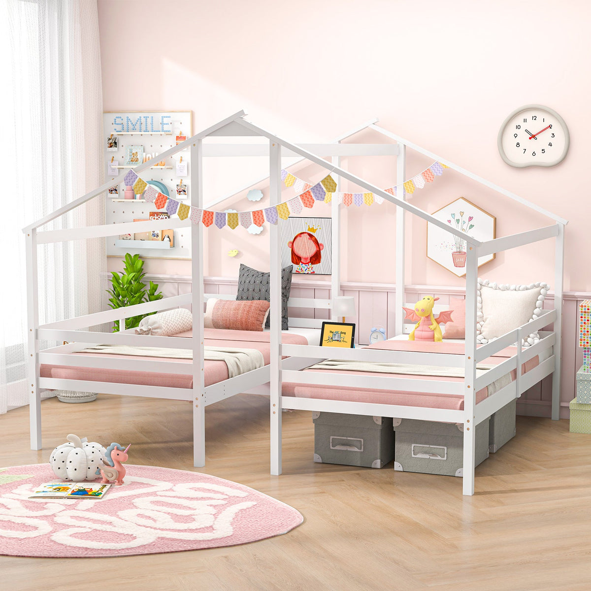 Double Twin Size Wooden Bed Frames with Built-in Table for Kids-White