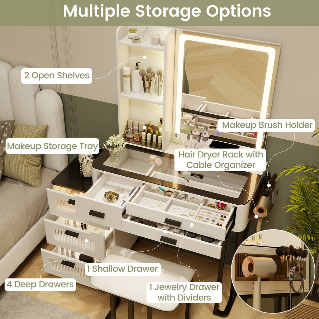 Makeup Vanity Dressing Table and Stool Set with Mirror and 3-Color LED Lights-White