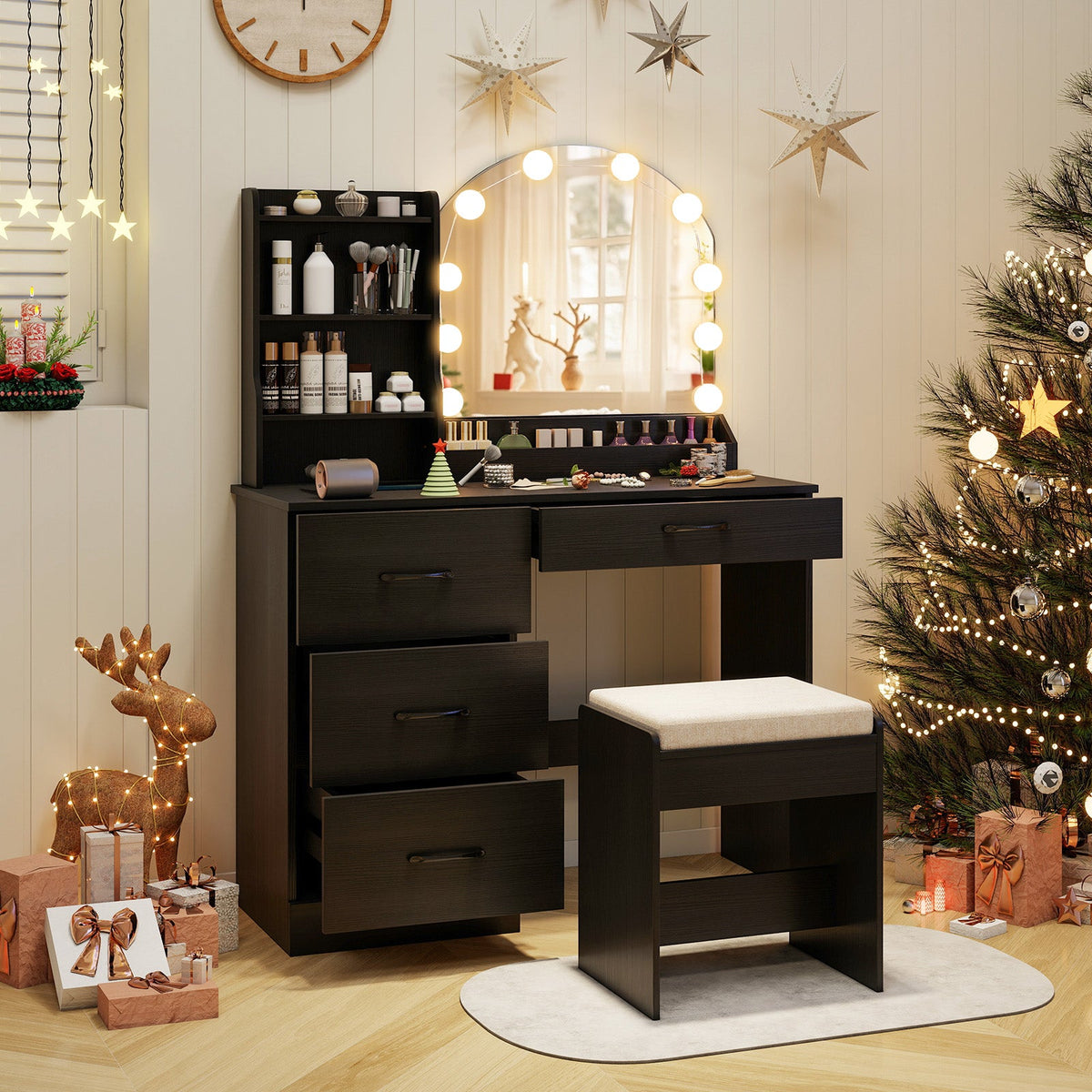 Makeup Vanity Desk Dressing Table and Stool Set with Mirror and Lights