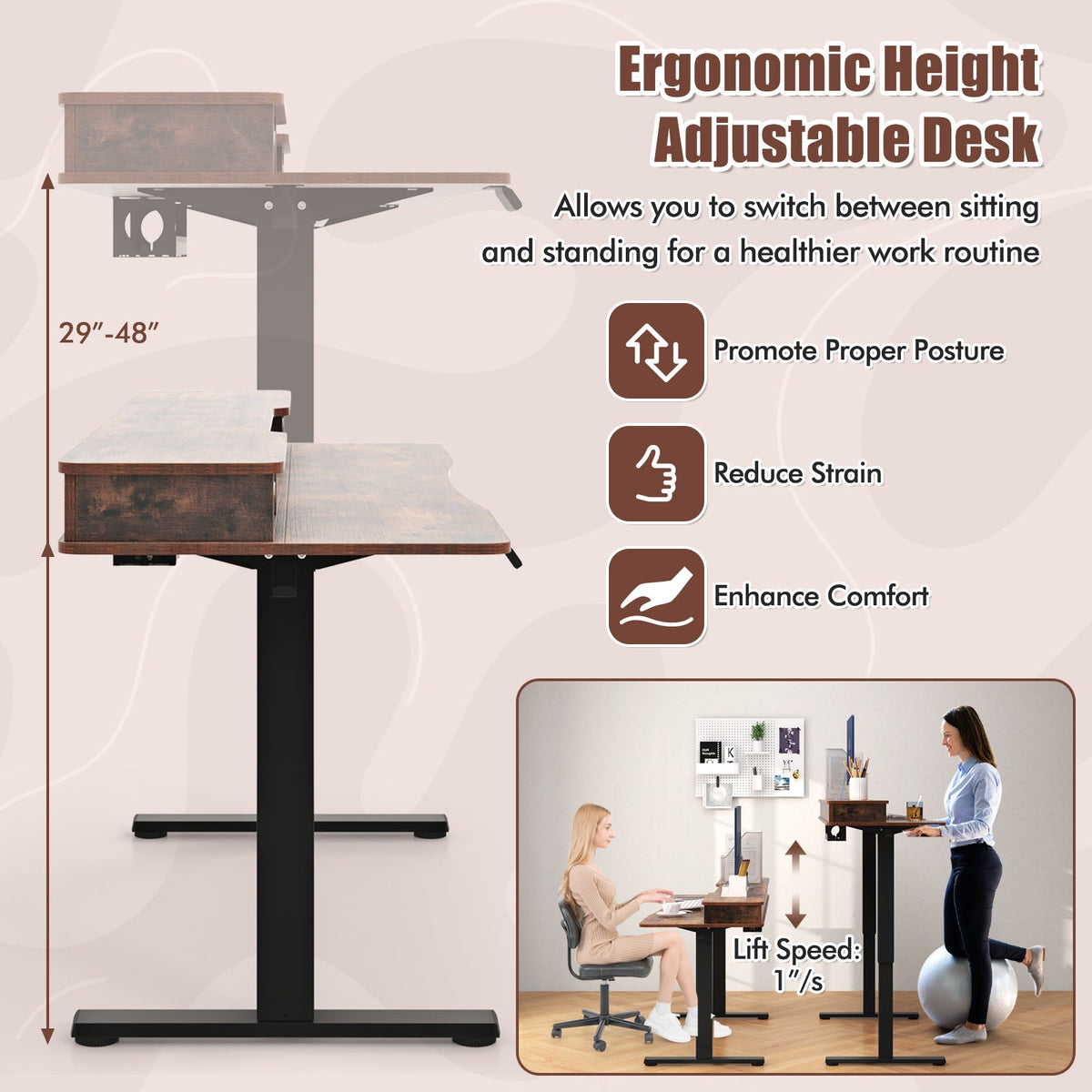 63 Inch x 24 Inch Electric Standing Desk with 2 Drawers