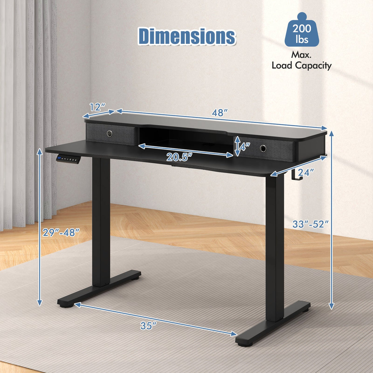 48 Inch x 24 Inch Height Adjustable Electric Standing Desk with 2 Drawers