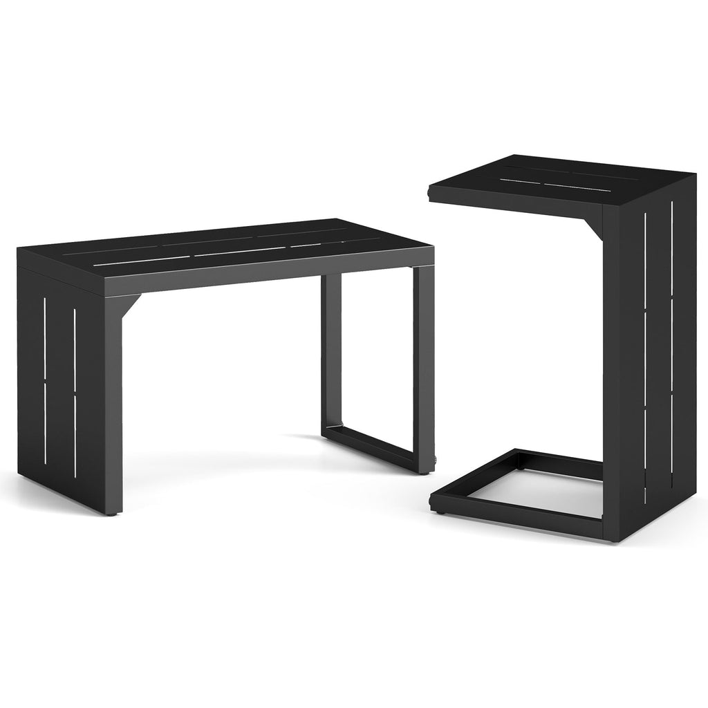 Set of 2 C-Shaped End Table with Adjustable Foot Pads for Indoors Outdoors-Black