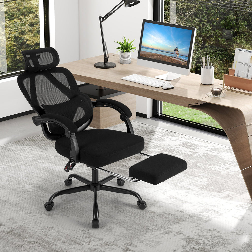 Ergonomic Office Chair High Back Mesh Desk Chair with Retractable Footrest-Black