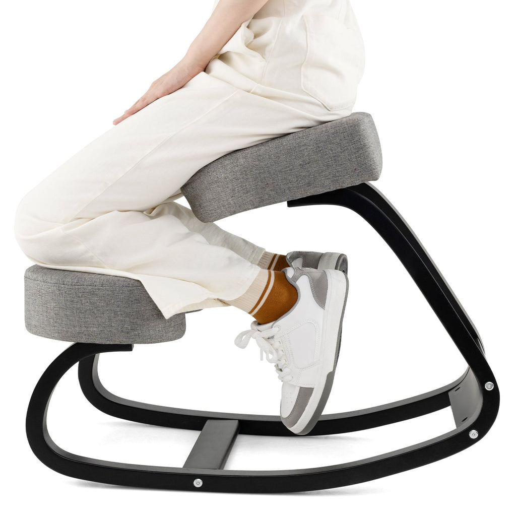 Wooden Ergonomic Backless Rocking Kneeling Chair with Padded Cushion-Gray