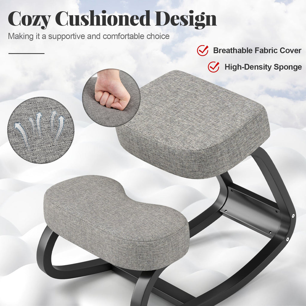Wooden Ergonomic Backless Rocking Kneeling Chair with Padded Cushion-Gray