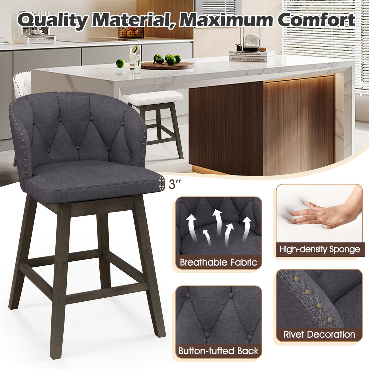 Counter Height Fabric Upholstered Bar Stools Set of 2
