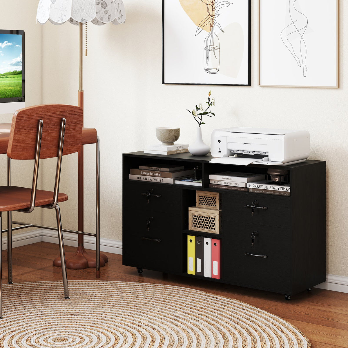 File Cabinet with Lock Mobile Lateral Filing Storage Organizer Modern Rolling Printer Stand