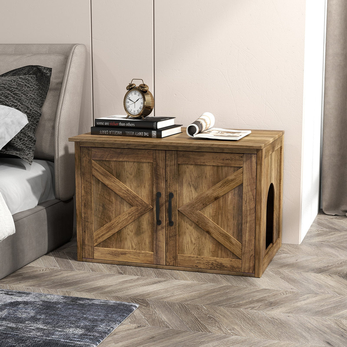 Flip Top Hidden Cat Washroom Furniture with Double Barn Doors and Removable Divider
