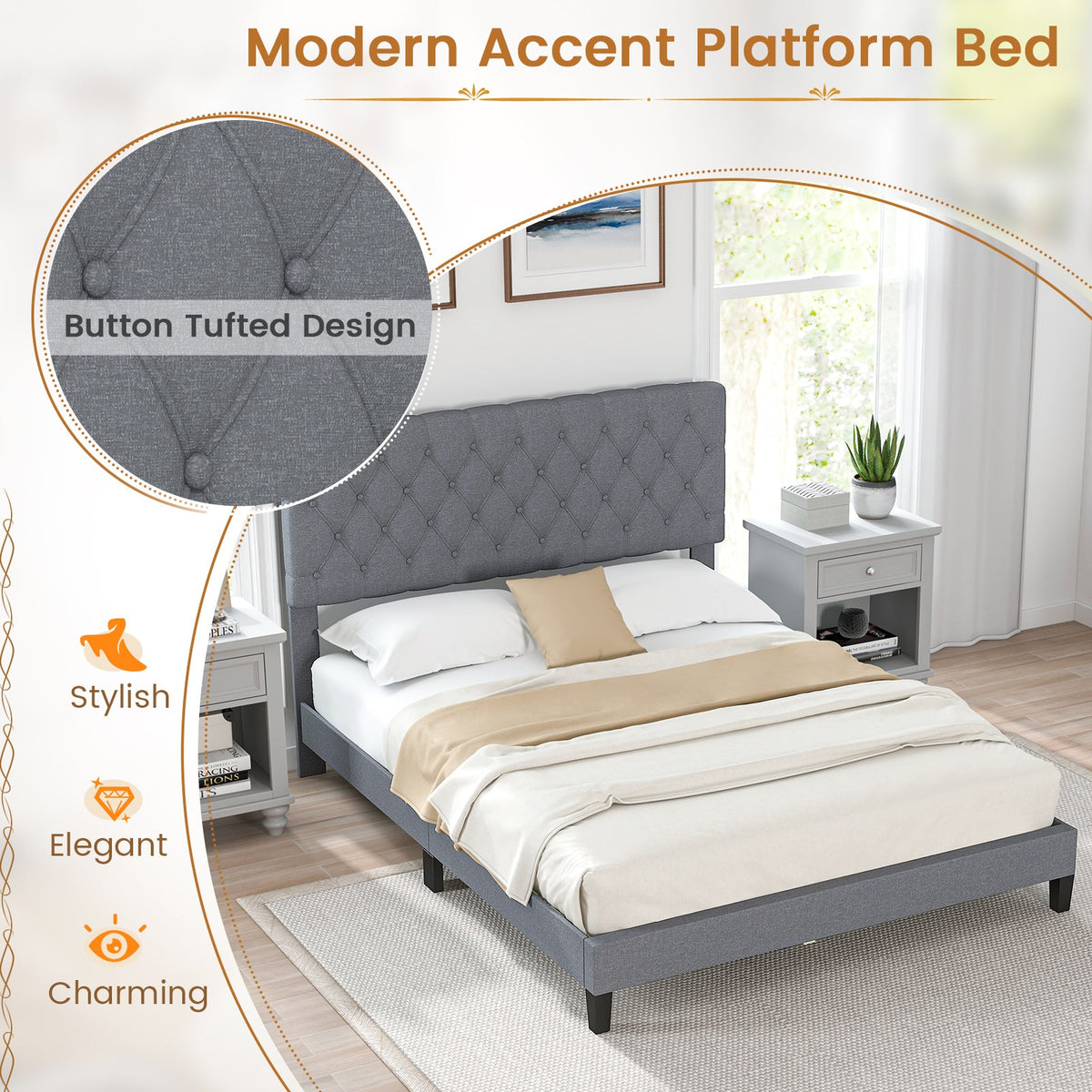 Queen Size Upholstered Platform Bed with Button Tufted Headboard-Queen