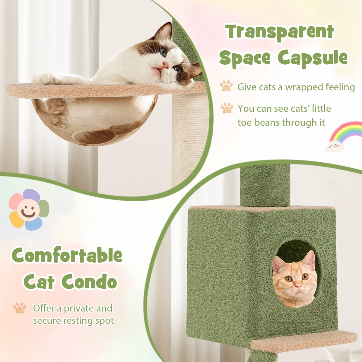 Floor to Ceiling Cat Tree with 86-99.5 Inch Adjustable Height and Extra Post-Green