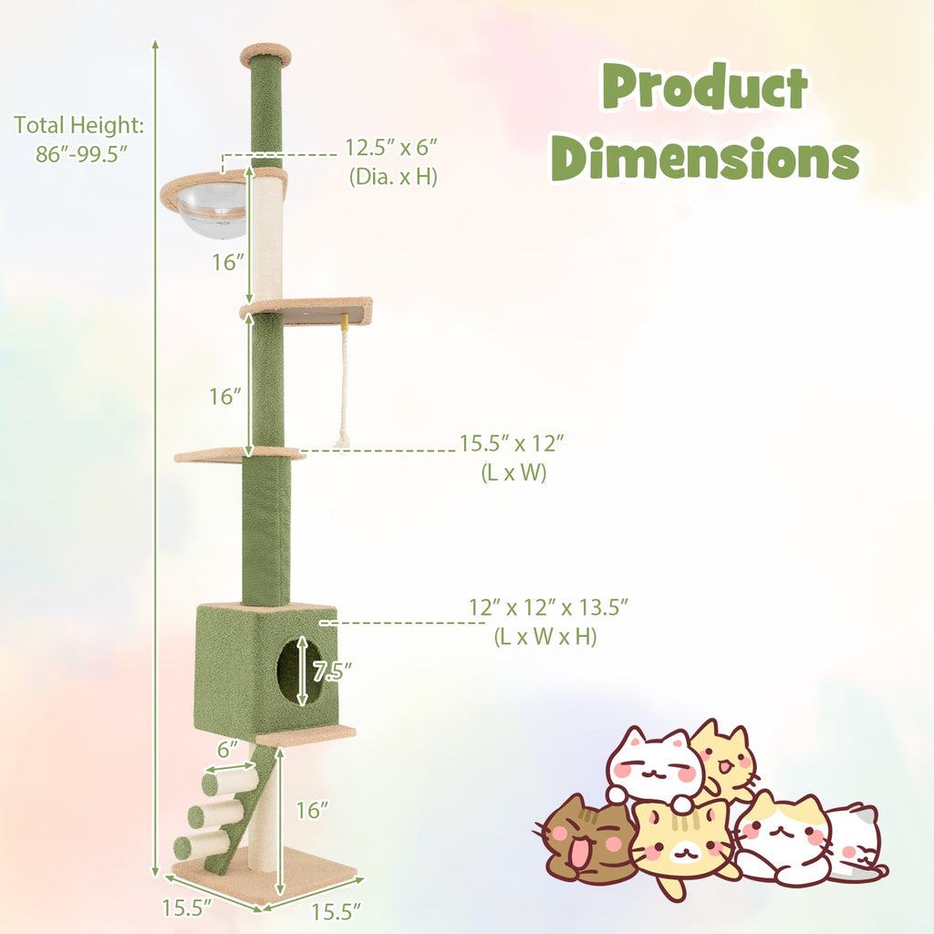 Floor to Ceiling Cat Tree with 86-99.5 Inch Adjustable Height and Extra Post-Green
