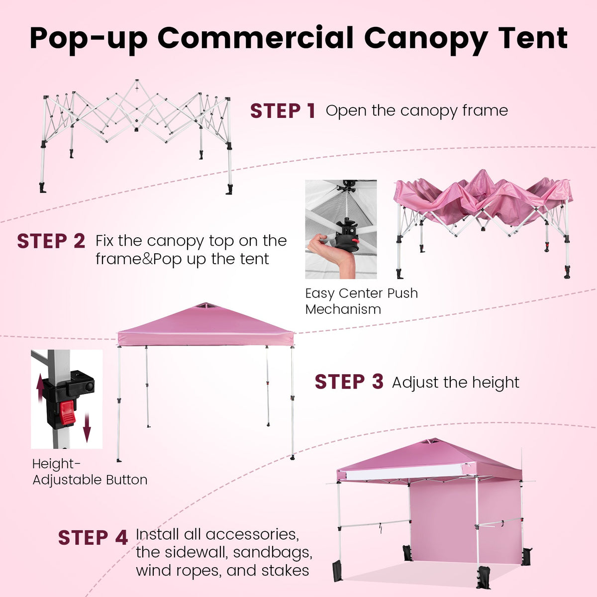 10 x 10 Feet Foldable Commercial Pop-up Canopy with Roller Bag and Banner Strip