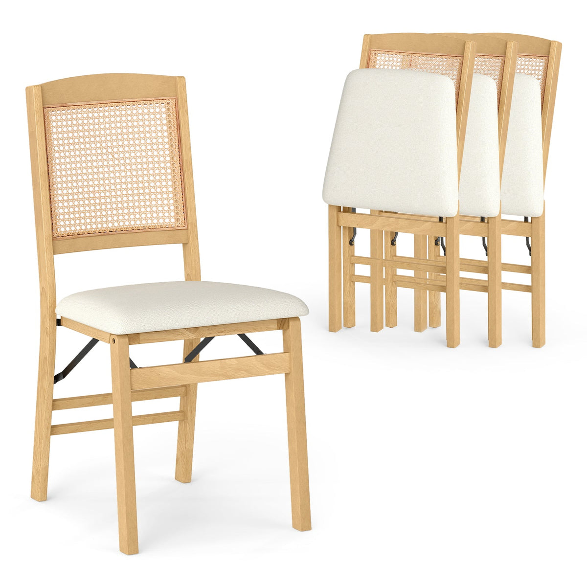 Folding Dining Chairs Set of 4 Rubber Wood Chairs with Linen Padded Seat