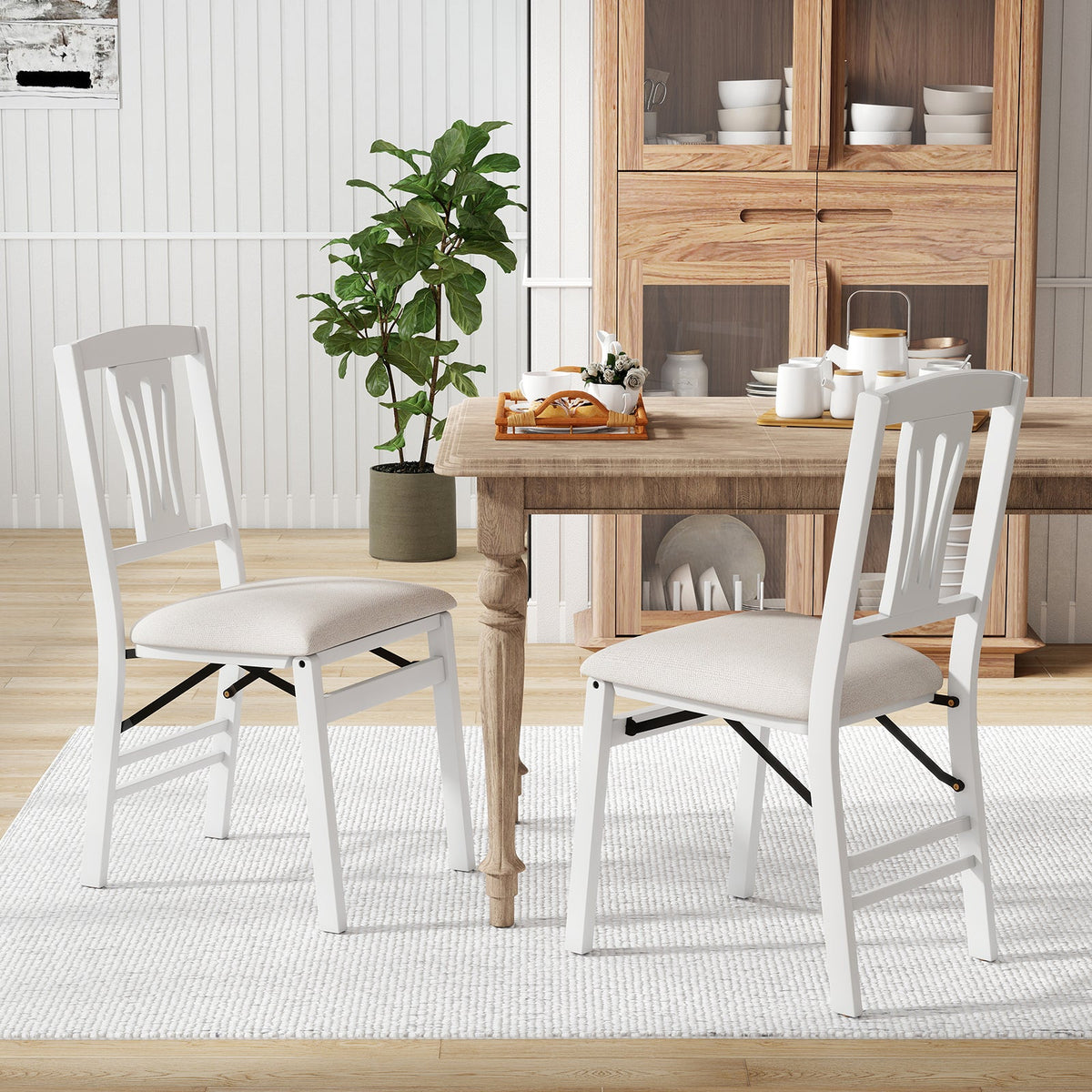 Folding Kitchen Chairs Set of 2 Upholstered Dining Chairs with Comfy Padded Seats-White