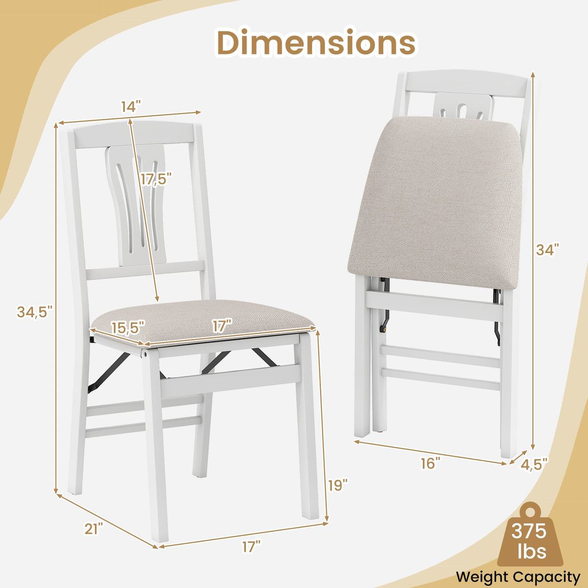 Folding Kitchen Chairs Set of 2 Upholstered Dining Chairs with Comfy Padded Seats-White