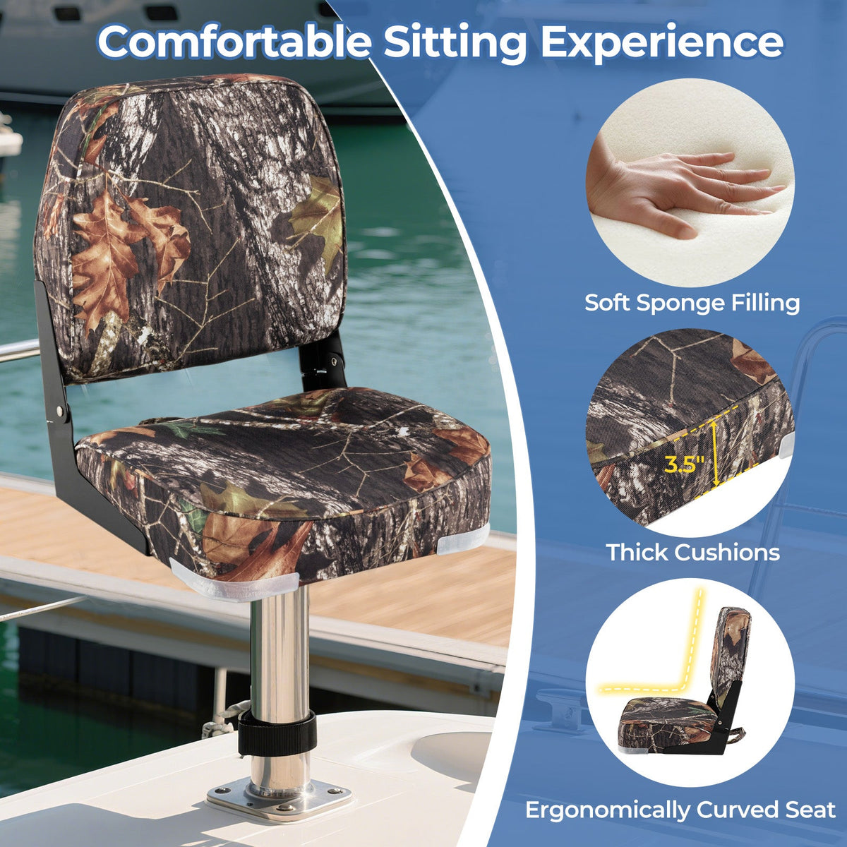 2-Pack Boat Seats Folding Low Back Boat Chairs Waterproof PVC Leather Cabin Seating