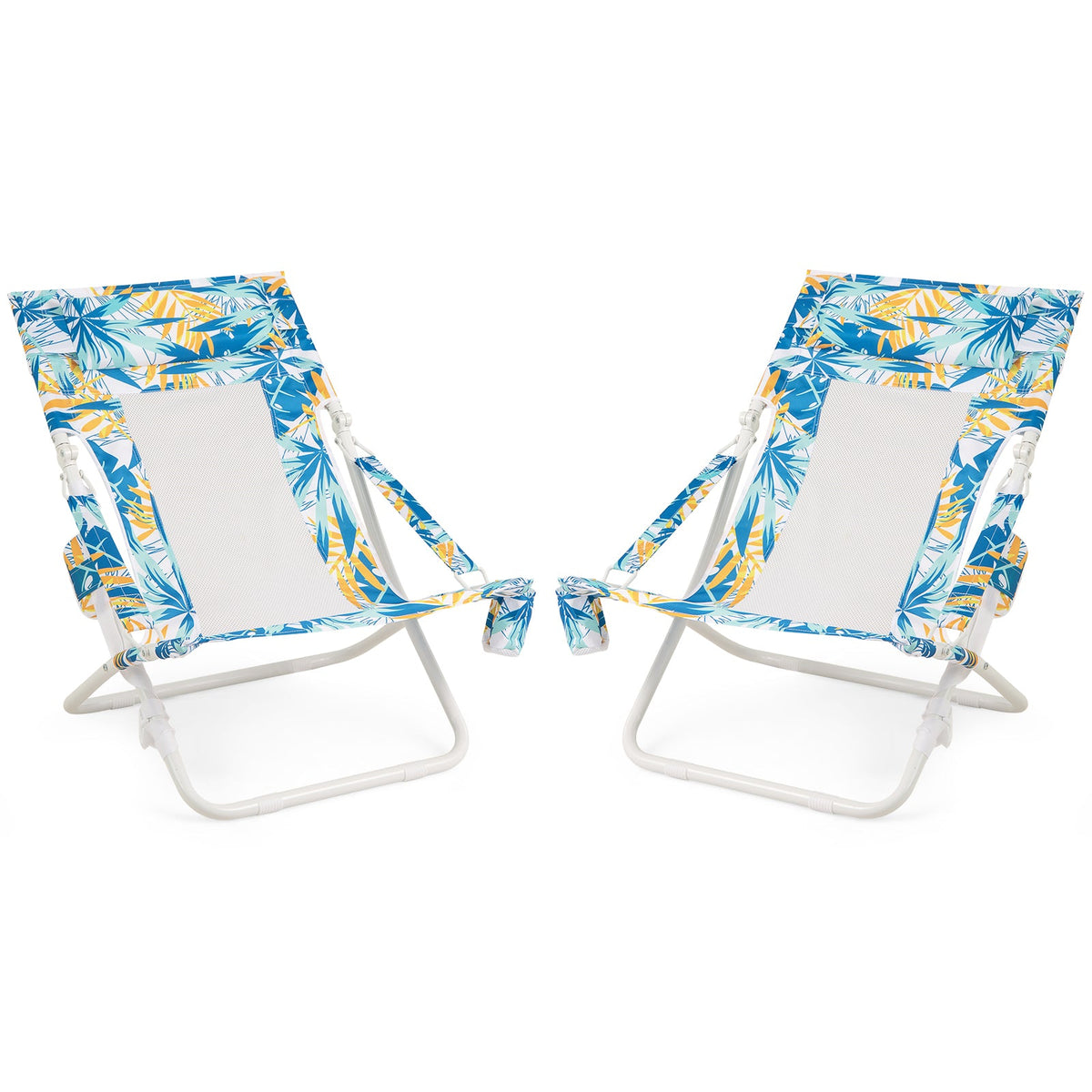 Folding Low Beach Chair Set of 2 Patio Sling Chairs with Padded Head Pillow
