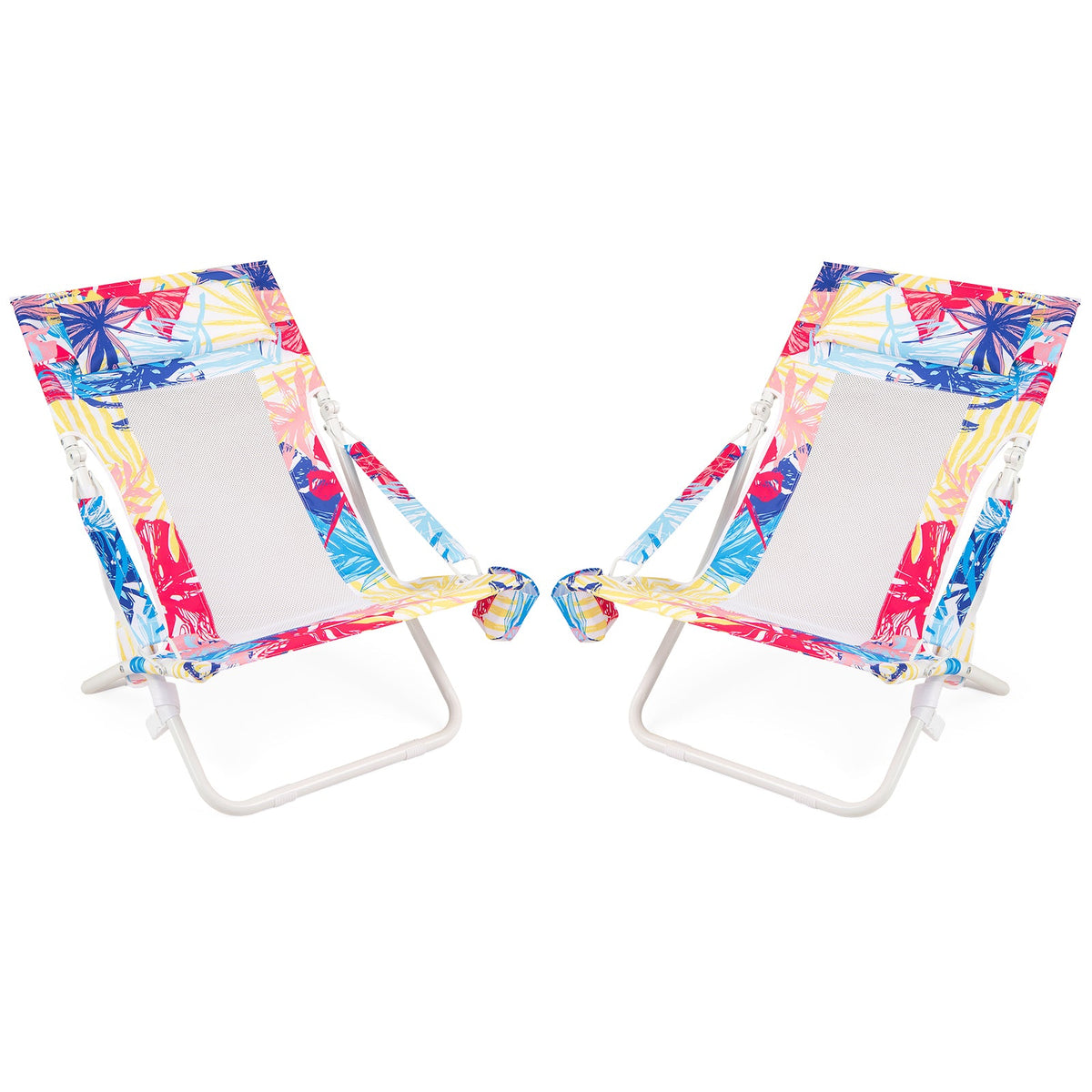 Folding Low Beach Chair Set of 2 Patio Sling Chairs with Padded Head Pillow