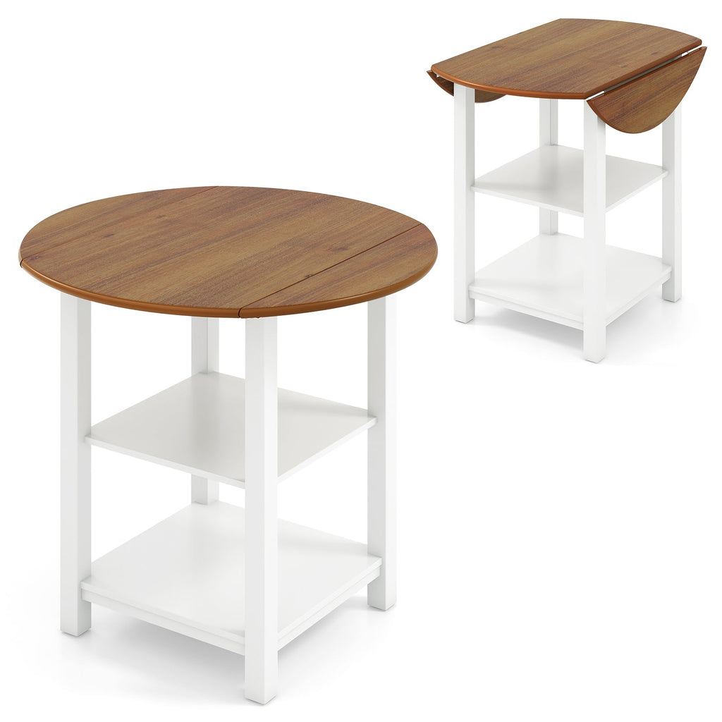 Folding Round Dining Table Drop Leaf Table with 2 Shelves for Small Spaces-White