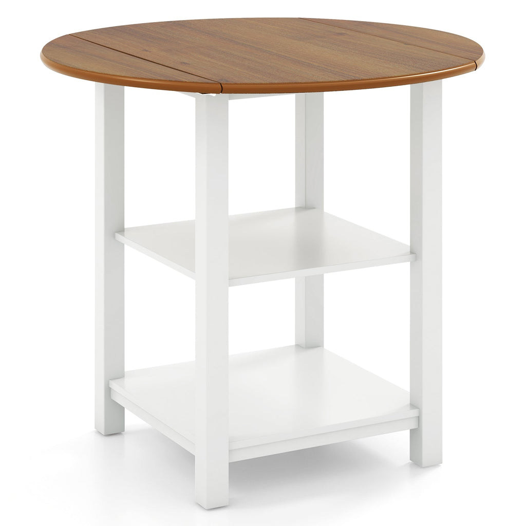 Folding Round Dining Table Drop Leaf Table with 2 Shelves for Small Spaces-White