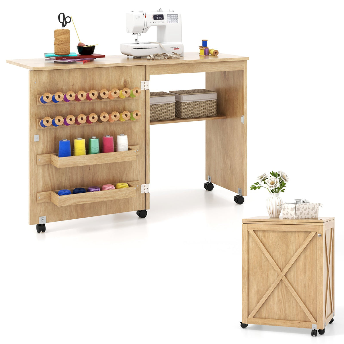 Folding Sewing Table with Storage Shelf and 5 Lockable Wheel
